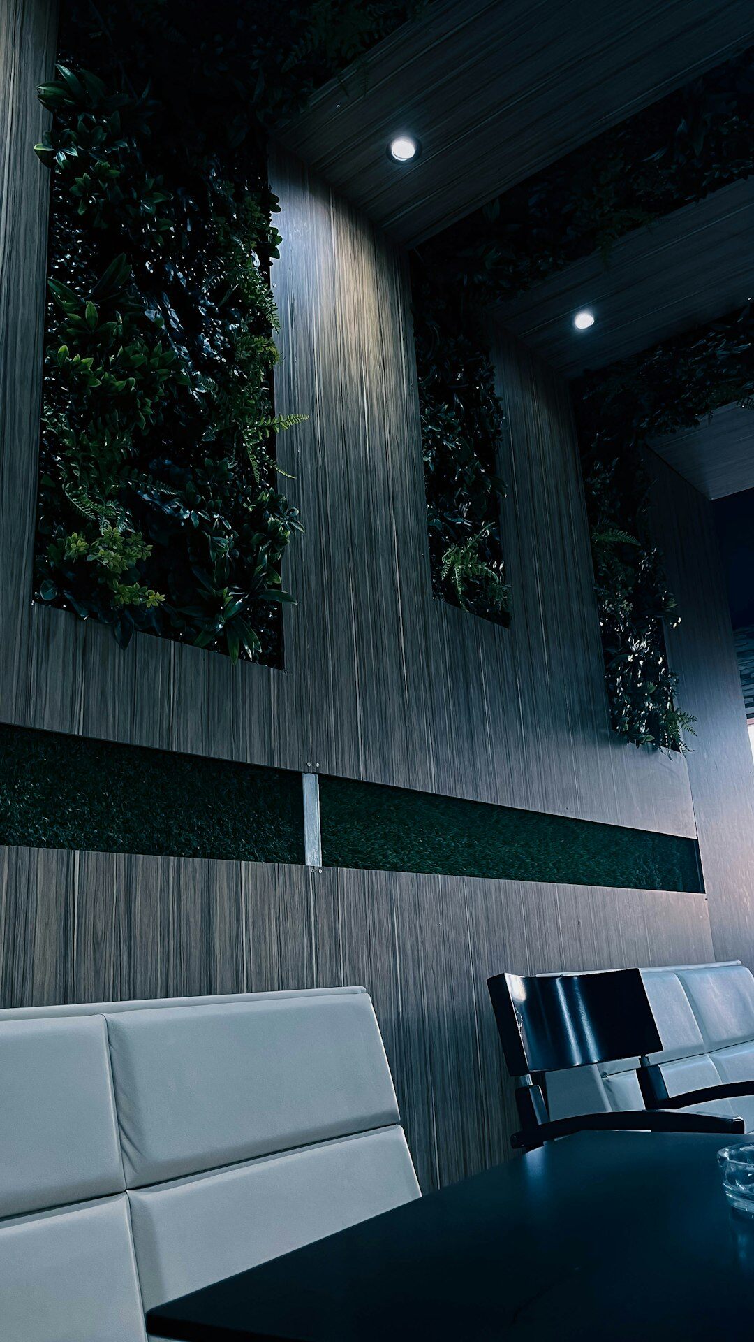 Bright modern office reception area with plants and seating